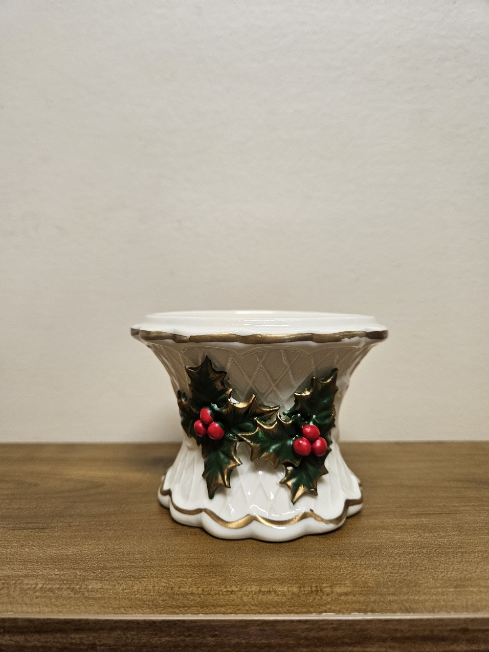Vintage White Ceramic Holly Candle Holder with Gold Trim and Red Berries